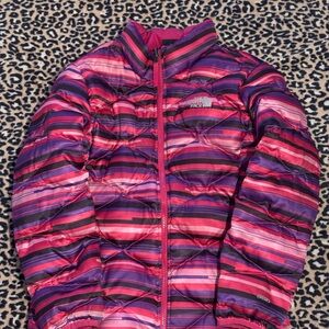 The North Face Striped Puffer Jacket — Pink, Purple & Black kids L